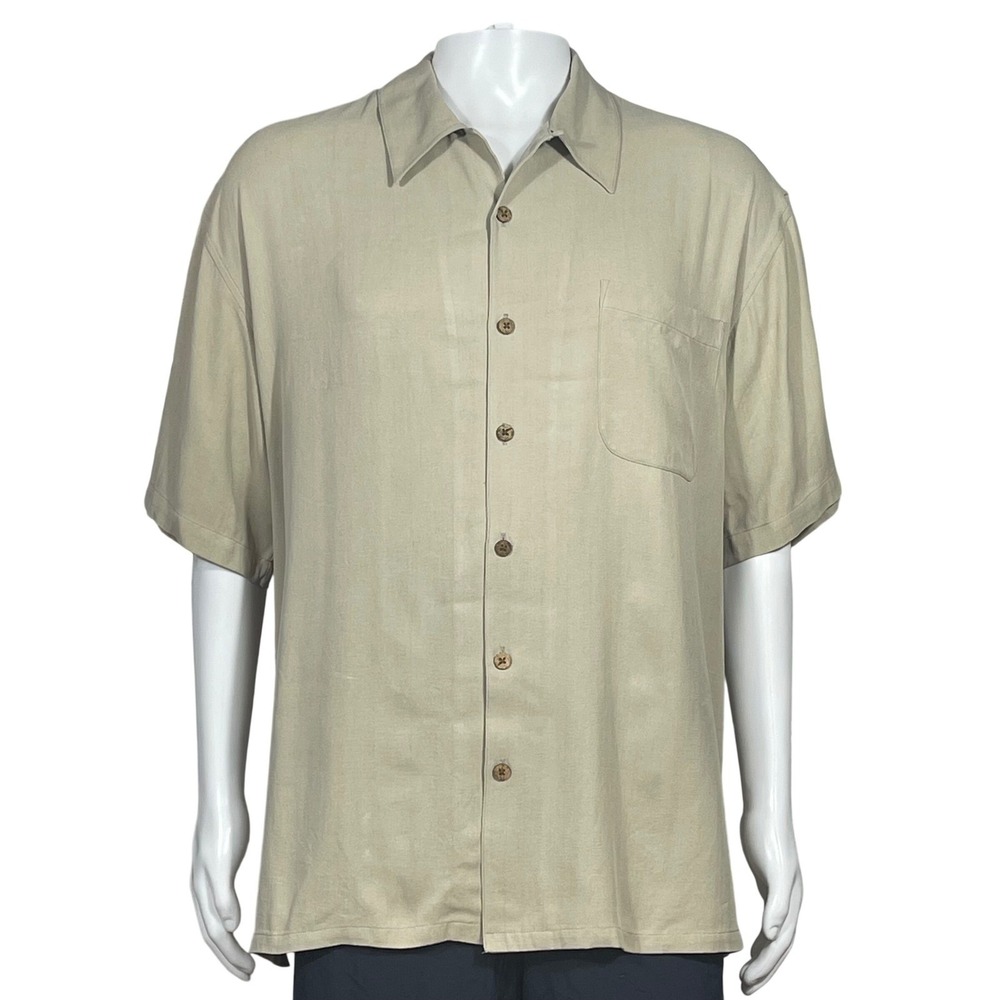 Against The Elements Mens XL 100% Silk Beige Button Front Resort Camp Shirt